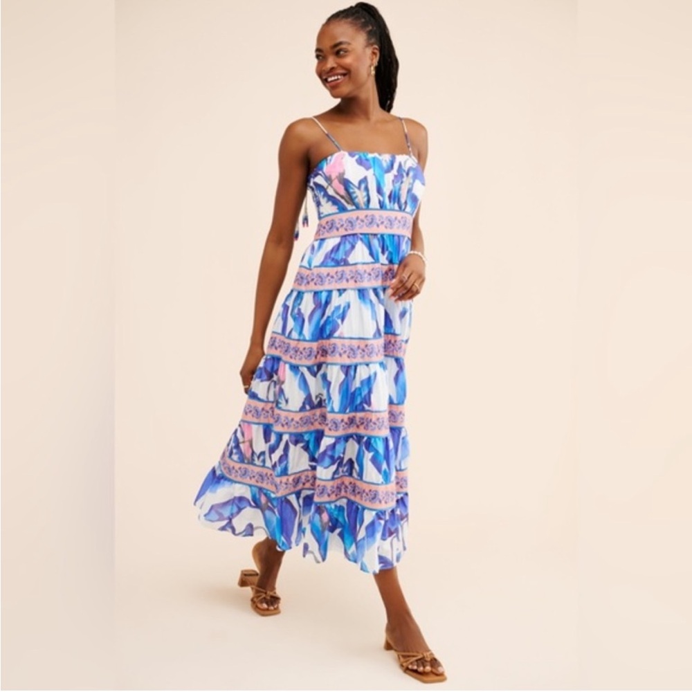 FARM Rio Off White Blue Foliage Midi Cotton Dress - Small
